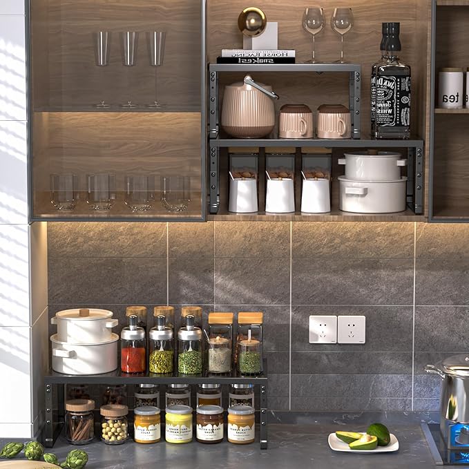 Expandable Adjustable Stackable Kitchen Organizer,Pantry Storage Shelves Racks,for cabinets Shelf, Kitchens, countertops, bathrooms,RV(1Pack/Black,Medium)