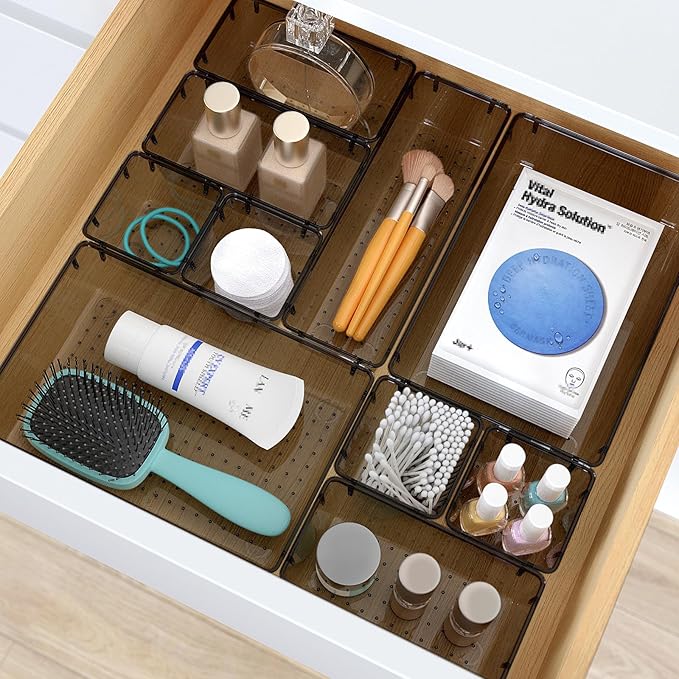 StorMiracle 13 PCS Clear Plastic Drawer Organizers Set, 4 Size Desk Drawer Organizer Trays for Makeup, Jewelry, Kitchen Utensils, Gadgets and Office Accessories, Black