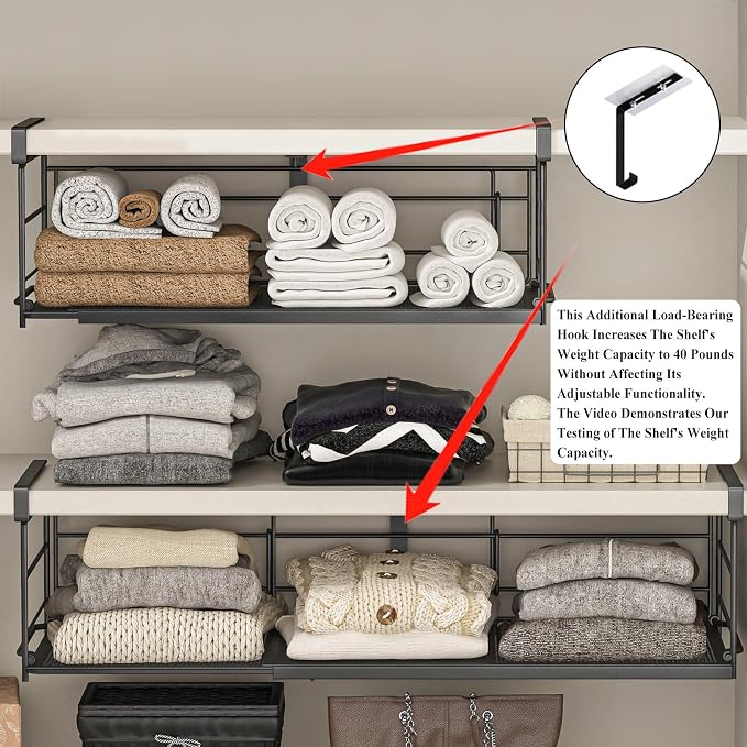 Expandable Under Cabinet Shelf, Extendable Under Shelf Storage with Removable Wire-Like Back for Pantry Cabinet, Laundry Room, Shoe Rack. (Black, 2 Pack, Interior: 5" H x 10" D)