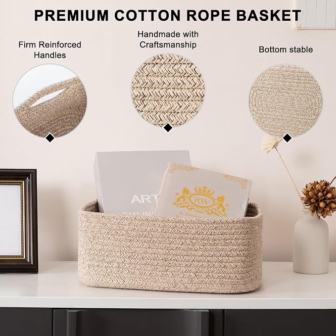 OIASKET 4 Pack Small Storage Shelf Baskets for Organizing, Mini Woven Rope Storage Bins for Towels, Cute Decorative Closet Organizer，Baby Nursery, Gift Empty Baskets -13.78''Lx9.84''Wx5.51''H-Brown