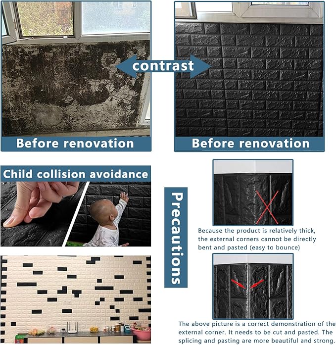 40 PCS Black 3D Wall Panels, 58 sq.feet Coverage Printable Wallpaper Sticker with Self-Adhesive Waterproof Brick PE Foam Wall Panels Peel and Stick for Interior Wall Decor, Home Decoration
