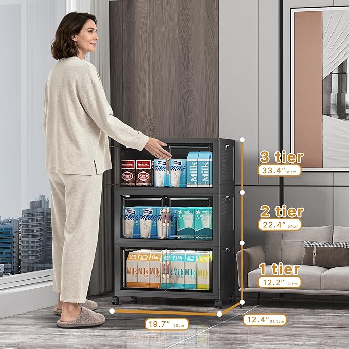UAMFURI Stackable Storage Bins with Lids, Extra Large Plastic Organizer Cabinet Drawers, 144QT Collapsible Closet Containers with Doors and Wheels,For Bedroom, Kitchen, Office, Garage,(3Pack Cube)