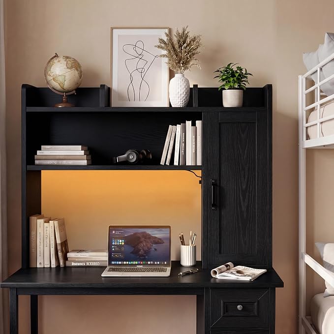 Desktop Storage Shelf, 37.4" Computer Desk Organizer 3-Tier Wood Desktop Storage Shelf Desk Hutch Dorm with RGB LED Light & Power Outlets for PC Gamers, Office, College Dorm Must Haves-Black