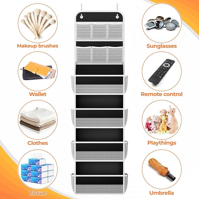 SpaceHacks 6-Tier Over the Door Organizer with Mesh Pockets, Baby Nursery Storage for Closet, Bathroom and Bedroom, Adjustable Hanging Closet Organizer for Cosmetics, Books and Essentials (Black)