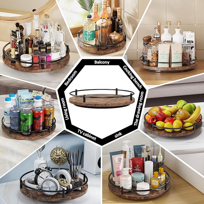 Lazy Susan Organizer：10 Inch Rotating Spice Rack Decor for Kitchen Countertop Round Wooden Turntable Holder for Dinning Room, Living Room, Home – Black