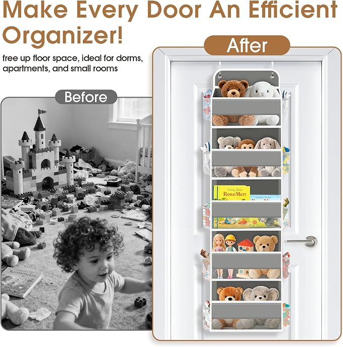 WISELIFE Over the Door Organizer Storage with 5 Large Pockets and Clear Windows, Hanging Organizer for Nursery Bedroom Bathroom Pantry Closet and Baby Essentials, Grey