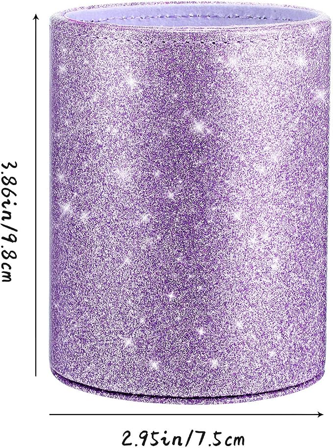 Outus Back to School Supplies PU Glitter Pen Holder Pencil Cup Shiny for Women Girls, Luxury Makeup Brush Holder PU Leather Organizer Cup Gift for Desk Office Classroom Home(Purple)