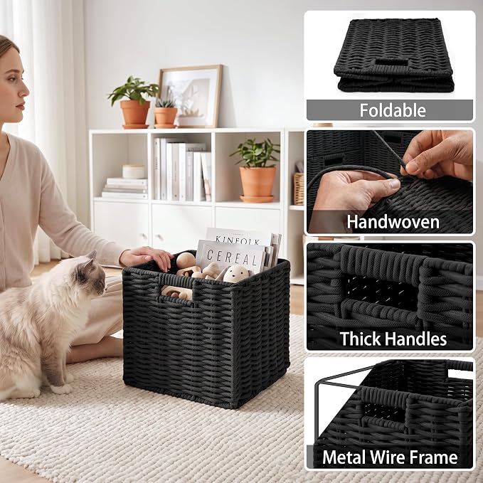 Cotton Rope Cube Storage Baskets Set of 2, 11 Inch Foldable Cubby Organizer Bins with Handles, Handwoven Square Basket for Organizing, Cube Closet Storage Bins for Shelves, Home Decor (Black 2 Pack)
