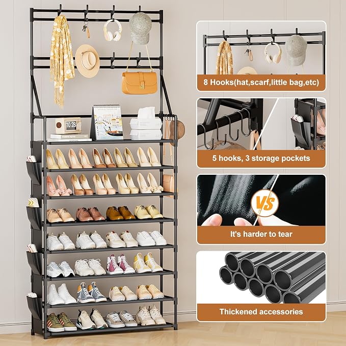 OYREL Shoe Rack 8 Tier Large Shoe Organizer Storage 32-40 Pairs | Metal Shoe Storage Rack with Hooks and Side Pocket for Entrance Entryway Closet Shoe Shelf Holder