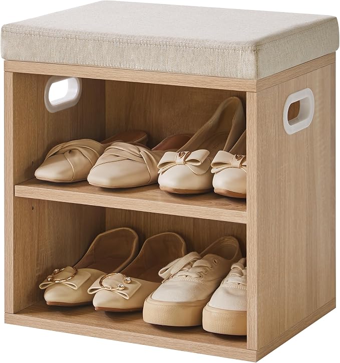 YMYNY Small Shoe Storage Bench with Cushion, Light Natural, HBD028R | 2 Tier Entryway Bench with Storage, Small Shoe Rack Bench with Adjustable Shelf for Entryway 11 x 15.3 x 16.5 Inches