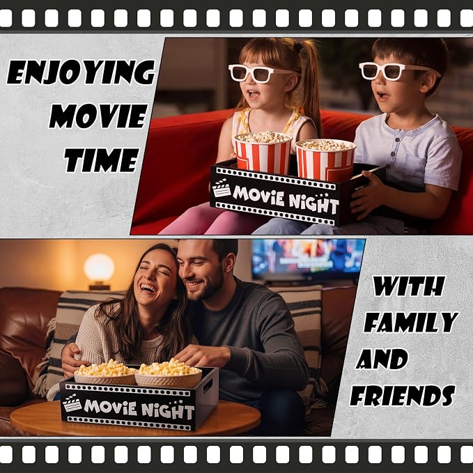 GlikCeil Movie Night Supplies Snack Trays with Handles Reusable Wooden Movie Gift Basket for Theater Popcorn Bucket Bowl Box Container Family Room Decor (Classic Style 1)