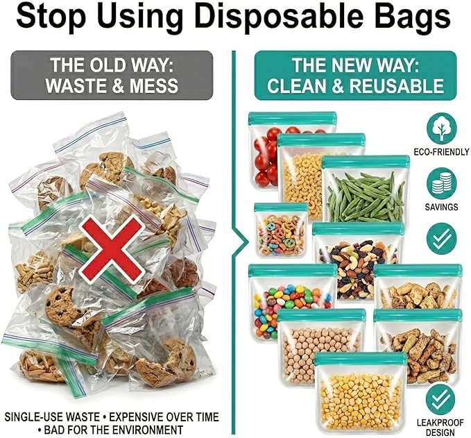 10 Pack Reusable Sandwich Bags, Dishwasher Safe Freezer Bags, BPA Free & Leakproof Reusable Lunch Bag for Salad Fruit Travel and Marinate Meats, Cereal, Lunch, Veggies（Green）