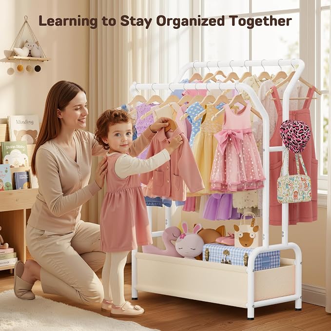 Kids Clothing Rack with Double Hanging Rods and Storage Basket | Child-Height Dress Up Storage for Toddler, Open Kids Closet for Baby Clothes, Costumes, Shoes and Toy, Bedroom Nursery