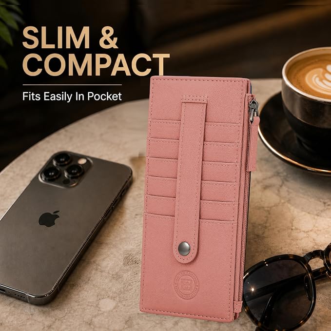 Leatherboss Genuine Leather All in One Card Case Holder Slim Wallet With a Card Protection Strap, Peach