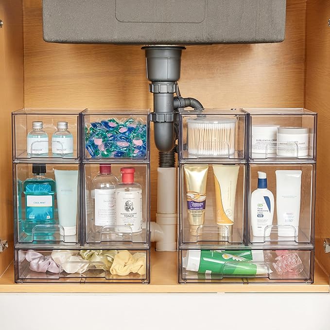 Vtopmart Stackable Storage Drawers Set of 6, Clear Plastic Organizer Bins for Bathroom Supplies, Ideal for Cabinet,Shelf, Pantry, Laundry Room Organization