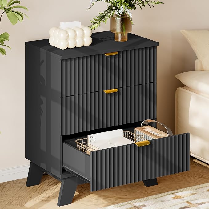 BORNOON 30.5" Nightstand with Charging Station, 3-Drawer Fluted Bedroom Chest, Wood Bedside Dresser with Power Outlets and USB Ports, Metal Slides, Stable Base, Modern Storage Cabinet for Small Spaces
