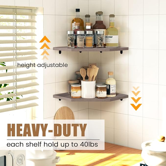 Fun Memories Corner Shelf Wall Mount, Corner Floating Shelves, Set of 4 Corner Wall Shelf Organizer, Rustic Wood Wall Storage Display Shelves for Living Room Bedroom Bathroom Kitchen, Rustic Grey