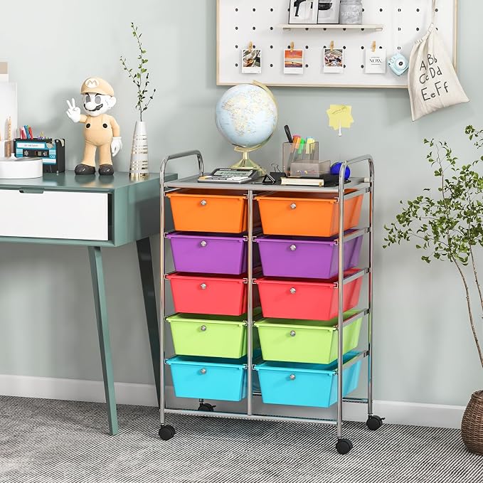 Moccha 10-Drawer Rolling Storage Cart - Storage Drawers Organizer with wheels for Craft Art Supply Paper Salon, Scrapbook Paper Tools, Under Desk Cabinet on Wheels for Classroom Office Home School