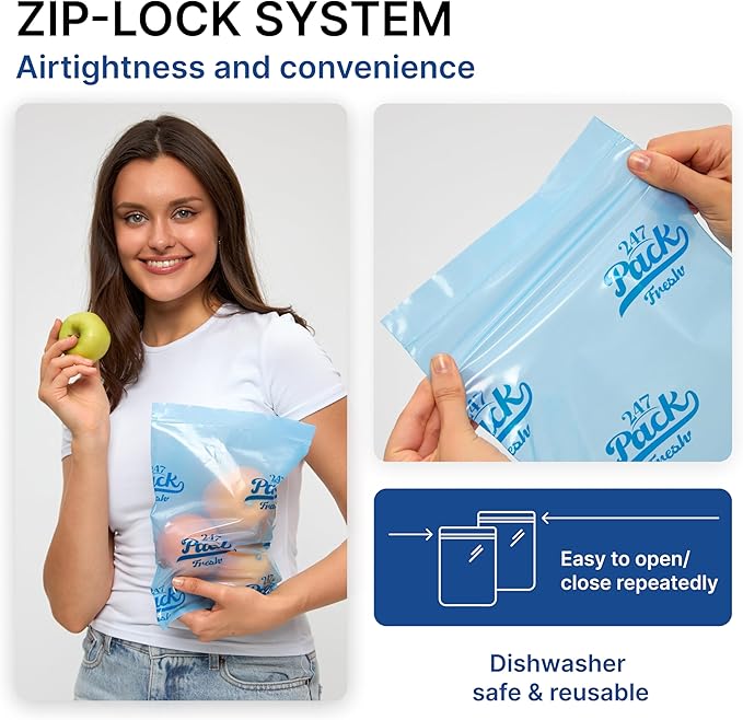 Freshpack 247 Produce Storage Bags Size S 8 x 10 Inches 0.5 Gallon 20 Pack Reusable Food Storage Bags With Zipper For Fruits Vegetables Meal Prep Lunch Pantry Use