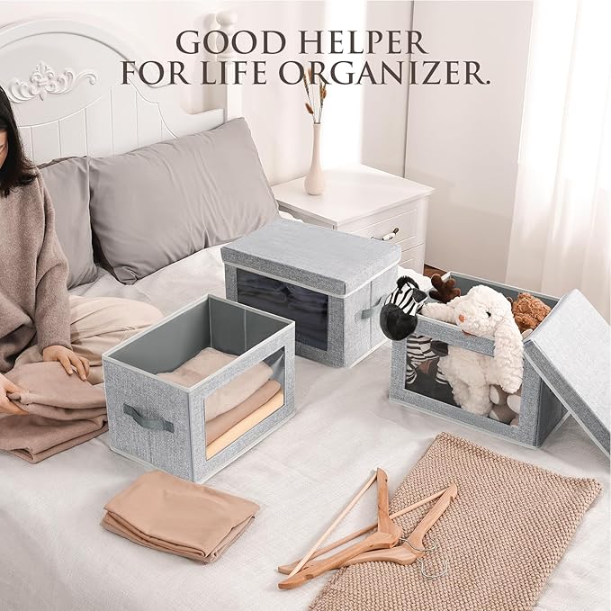 Homsorout Storage Baskets with Lids, 4 Pack Large Box Organizer with Window, Fabric Storage Cubes Bins for Closet, Collapsible Organizer Bins for Bedroom, Living Room, Dorm, Blended