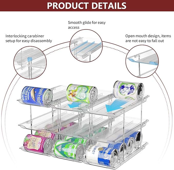 Attelite Can Organizer for Pantry, 3 Sets 4 Tiers Can Storage Organizer Pantry,Soda Can Organizer for Fridge 48 Cans Rack Automatic Rolling Stackable Canned Food Organizer,Clear