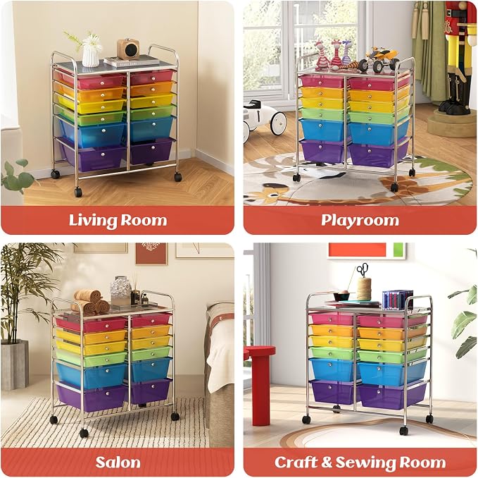 Moccha 12-Drawer Rolling Storage Cart - Utility Cart on Wheels with Lockable Casters for Craft Art Supply Paper Salon, Mobile Drawer Carts for Classroom Teacher School Office (Rainbow)