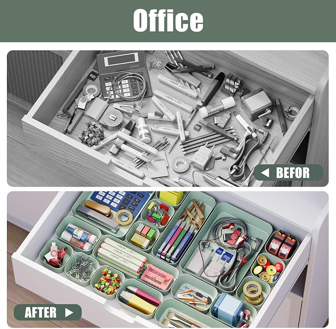 Drawer Organizers Bins 28 PCS for Bathroom Makeup Desk Office | with Non-slip Pads, 4 Sizes, Plastic Tray, Vanity Organizer, Kitchen Utensils Organizer