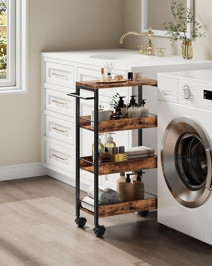 CHOEZON 4-Tier Slim Storage Cart, 9.1'' Kitchen Serving Trolley, Slim Rolling Cart with Handle and Guard Rails, Slim Cabinet for Small Spaces, for Dining Room, Rustic Brown and Black TTC03BF