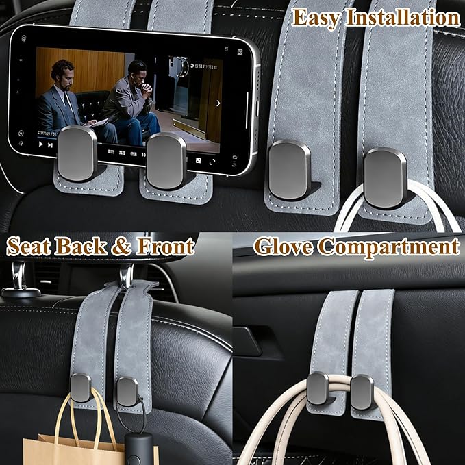 2-Pack Car Hanging Hooks for Car Seat Back & Glove Box, Grey | Dual-Use Purses & Bags Hanger for Car With Metal Hooks - Keep Floor & Seats Clutter-Free, Car Interior Organizer Accessories