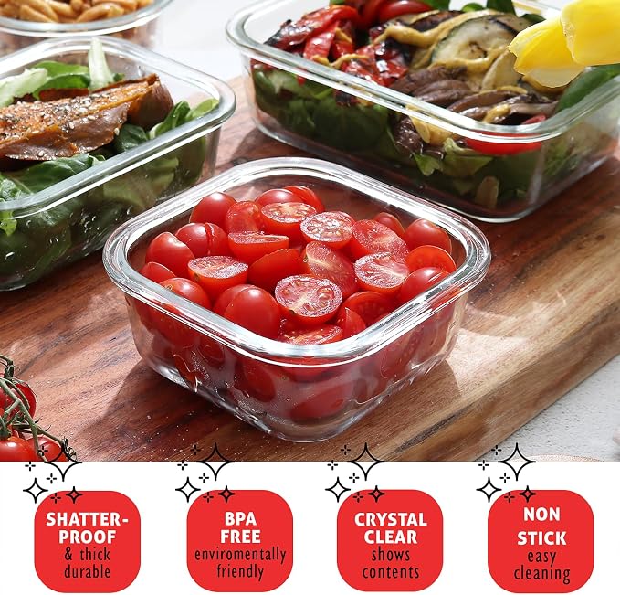 EATEX 16pc Glass Storage Containers with Lids, 8 Glass Food Storage Containers with 8 Airtight Lids for Pantry & Kitchen, Meal Prep Containers for Lunch, Oven Freezer Microwave & Dishwasher Safe