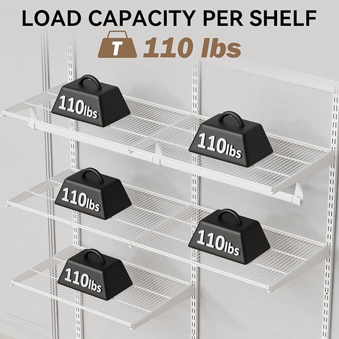 Closet System Wall Mounted 2-4 Ft, Heavy Duty Adjustable Wire Shelving with Hanging Rod, Custom Organizer Kit for Bedroom Laundry Mudroom, White