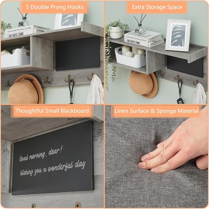 Entryway Shoe Bench with Coat Rack, Cushioned Storage Seat with Cubbies, Shoe Rack Bench for Front Door Entrance, Hall Tree with Hooks, Blackboard & Extra Storage for Entryway, Hallway & Living Room