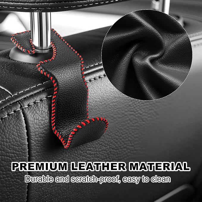 EldHus Car Seat Hooks for Purses and Bags, 4 Pack Car Purse Holder for Grocery Bag Handbag Clothes, Metal Headrest Hooks Covered by Leather, Black Red