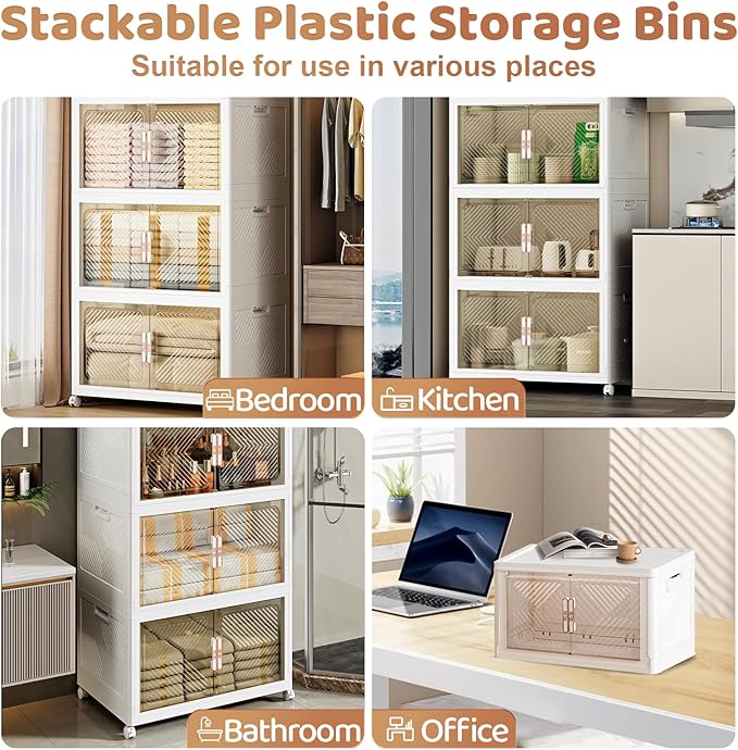 Storage Bins with Lid 120QT, Stackable Storage Containers with Wheels and Magnetic Doors, Plastic Clothes Closet Large Capacity Organizers and Storage Box for Home and Office (4 Pack)