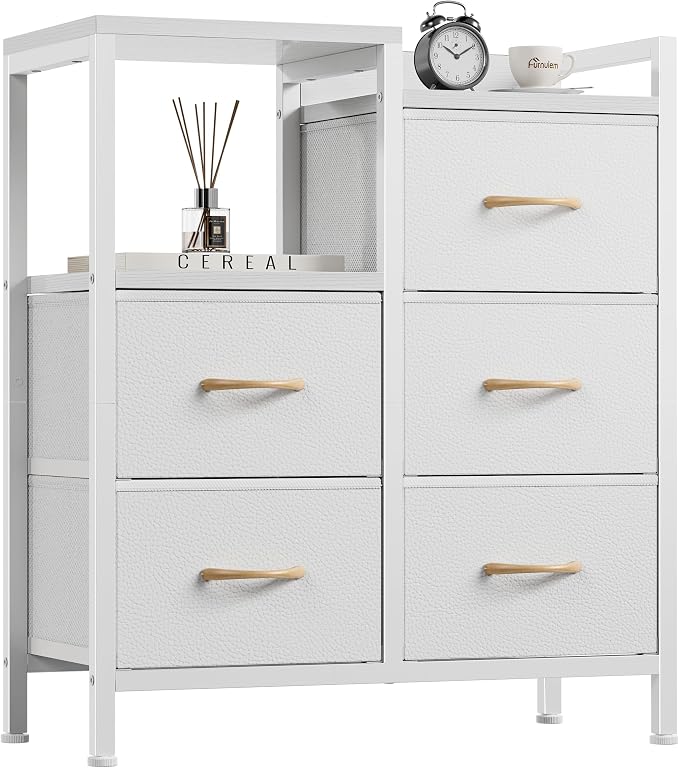 Furnulem White Dresser for Bedroom, 5 Drawer Small Fabric Closet Dresser | Small Chest of Drawers, Storage Cabinet Organizer with 2 Tier Shelf, Closet Drawer Units with Metal Frame, Dresser for Dorm