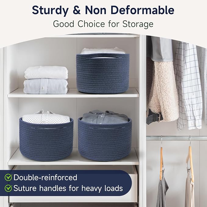 Small Rope Baskets for Storage, Baskets for Gifts Empty, Cute Round Woven Baskets, Decorative Shelf Basket 9.82×9.82×7.1", Cotton Toy Basket Storage Bins for Organizer 3 Packs Navy Blue