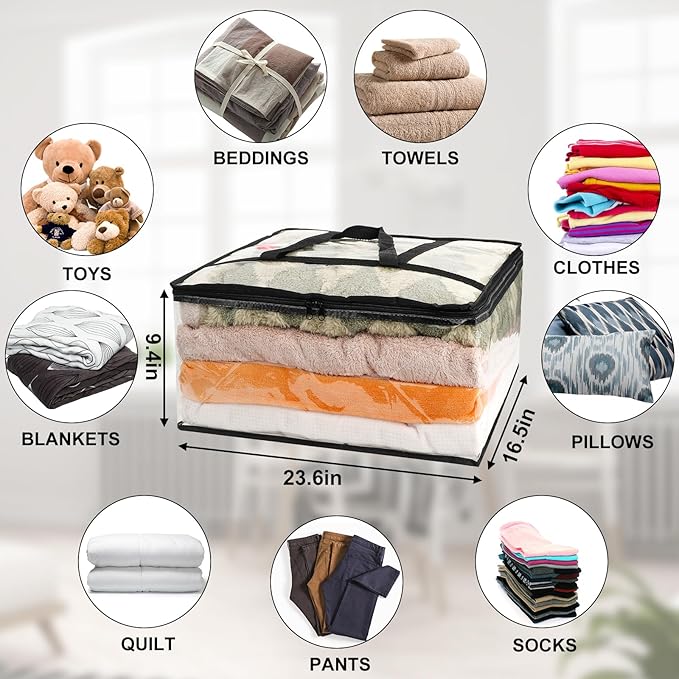 4Pack Clear Blanket Storage Bags, Vinyl Comforter Clothes Storage Closet Organizers and Storage Containers Moving Bags with Reinforced Handle for Bedding, Clothing, Comforters, Pillows, Toys,60L