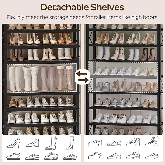 YATINEY 12-Tier Tall Shoe Rack Organizer, Wooden Shoe Storage for Closet Holds 48 Pairs, Sturdy Shoe Shelf with X-Shaped Metal Support, for Entryway, Bedroom, Rustic Brown and Black SS212BR