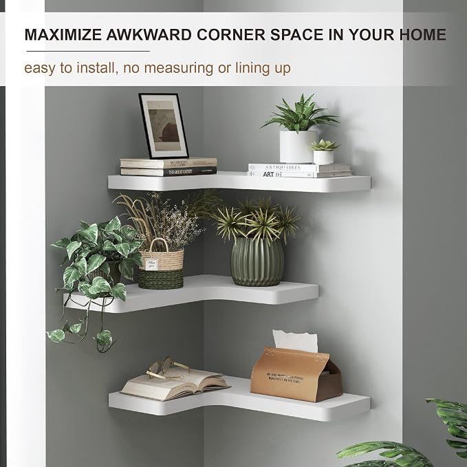 fuqing Corner Floating Shelves, Wall Shelf Set of 3, Shelves for Wall Storage, Solid Wood Shelves for Storage, Wall Mount Wooden Display Shelf for Bathroom Bedroom Kitchen Garage, White
