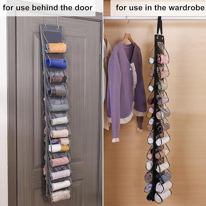 Legging Organizer for Closet Hanging 20 Pockets, Clear Hanging Legging Organizer Closet, Oxford Cloth Legging Storage for Wardrobe Behind Door (2Pack*Gray)