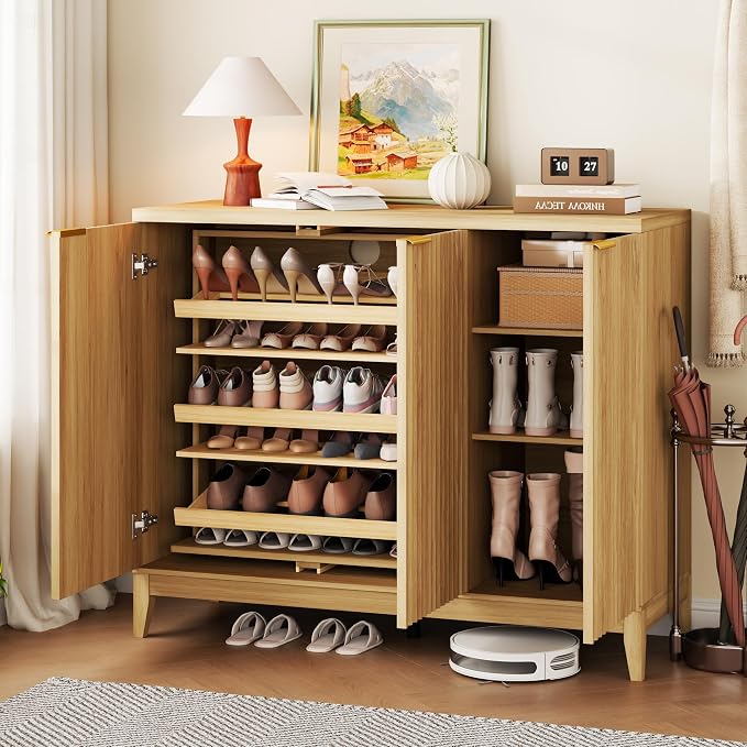 Vlsrka Shoe Storage Cabinet with Fluted Doors and Adjustable Shelves | 6 Tier Wooden Shoe Organizer, Large Capacity, Human Sensor Lighting, 180° Rotating, for Entryway, Hallway, Living Room, Wood