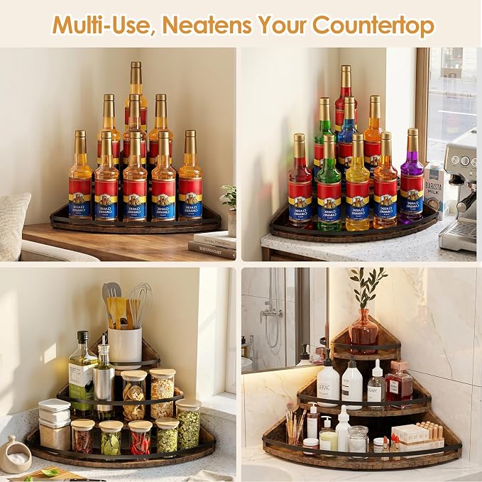 Nuovoware Coffee Syrup Organizer, 3-Tier Corner Syrup Bottles Holder | Guardrail and Non-Slip Mat, Tree-Shaped Countertop Coffee Bar Organizer for Coffee Bar, Home Bar, Brown+Black