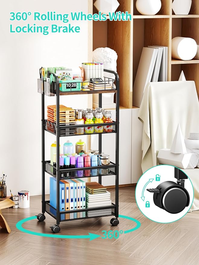 HapiRm 4 Tier Rolling Cart - Metal Utility Cart with Locking Wheels | Rolling Storage Cart Organizer with 2 Hanging Cup, 4 Hooks, Mesh Basket, Space-saver for Kitchen, Craft Art, Office, Bathroom
