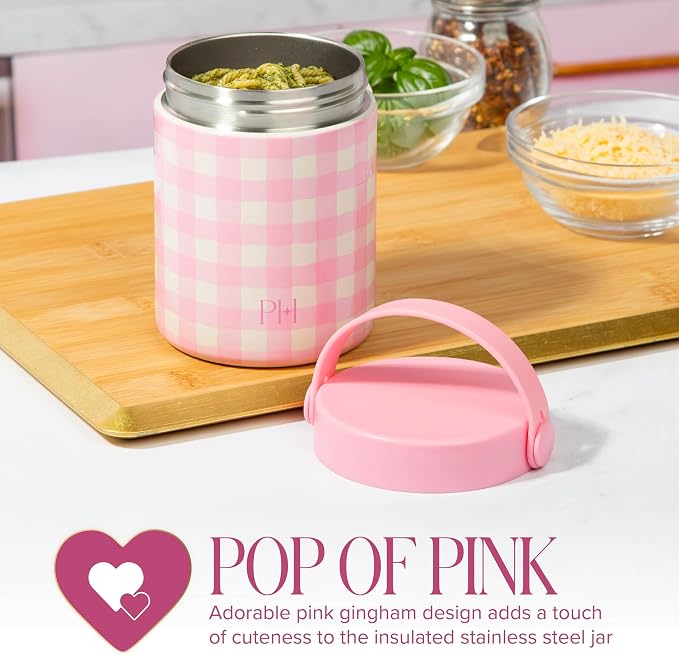 Paris Hilton Limited Edition Gingham Insulated Food Jar, Stainless Steel Vacuum Insulated Food Container with Folding Carry Handle, Leak-Proof Lid, 15-Ounce, Pink
