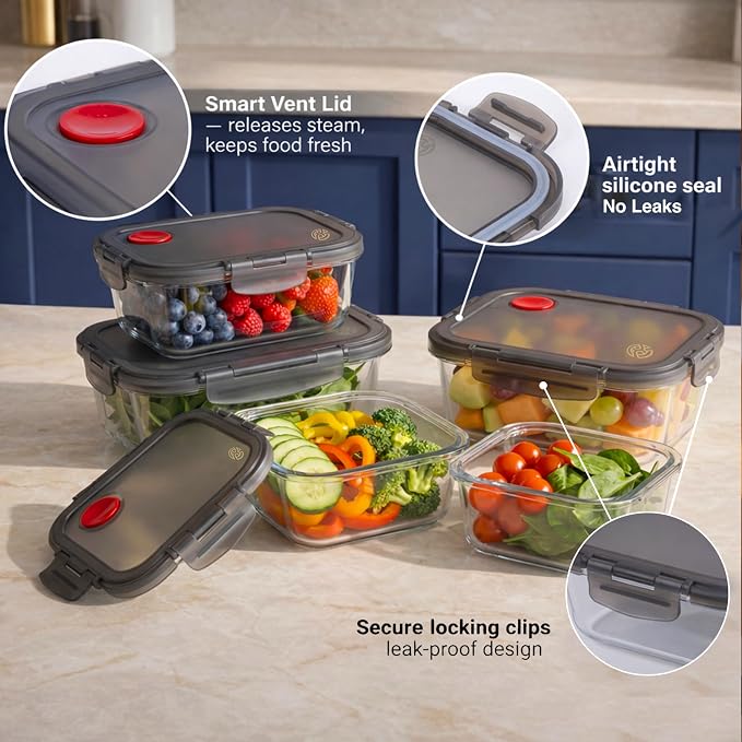 Borosilicate Glass Airtight Food Storage Containers with Vented Lids, Assorted Set of 6 (3 Rectangular & 3 Square)