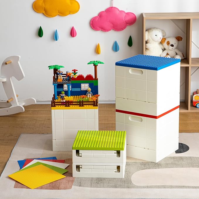 SHIMOYAMA Folding Storage Box with Building Baseplate Lid, 26 Qt. Collapsible Toy Organizer for Duplo Blocks, 25L Bolck Bins for Intermediate Size Mega Bloks, Kids Bricks Storage Box, Yellow