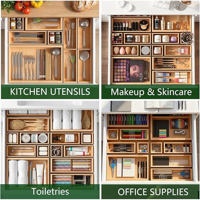 Bamboo Drawer Organizer 7 Pcs for Kitchen Multi-purpose Storage Dividers for Kitchen, Office, Jewelry, Cosmetics, Wooden Drawer Dividers for Drawer Organizer Desk Organizer Gift for Women Gifts Idea