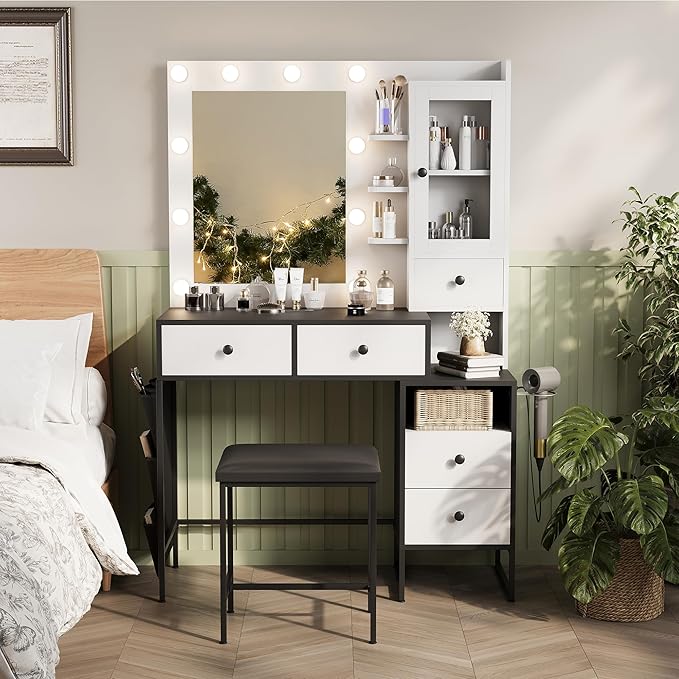 YIKEHOME Makeup Vanity Desk with Mirror and 10 Lights, 3-Colour Hollywood Brighter Bulbs, Vanity Table Set with Large Drawers and and Charging Station for Bedroom Dressing Room White Black