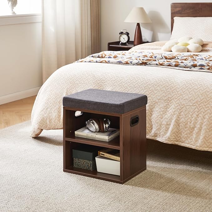 YMYNY Small Shoe Storage Bench with Cushion, Light Walnut, HBD028LW | 2 Tier Entryway Bench with Storage, Small Shoe Rack Bench with Adjustable Shelf for Entryway 11 x 15.3 x 16.5 Inches
