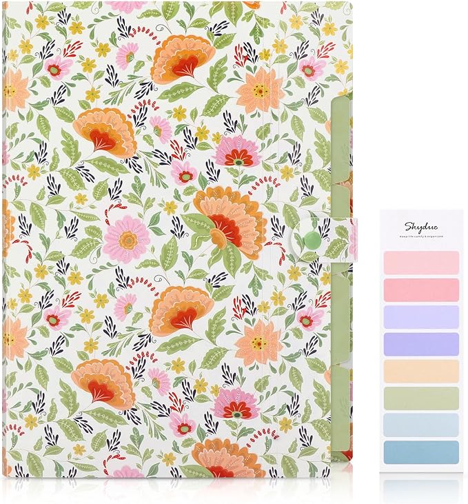 SKYDUE Accordion File Organizer, Floral Expanding File Folders with 5 Pockets, Cute Document Organizer for Paper Bills Receipt Storage, School Office & Hospital Supplies Letter/A4 Size Pea Green